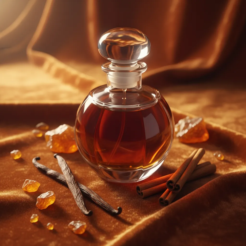 Amber perfume bottle on warm satin with cinnamon and amber rocks