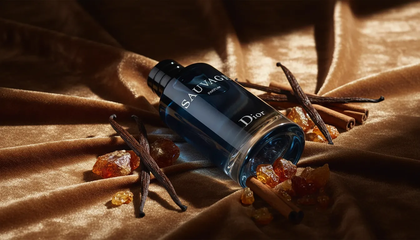 Sauvage perfume bottle on warm draped fabric with vanilla beans